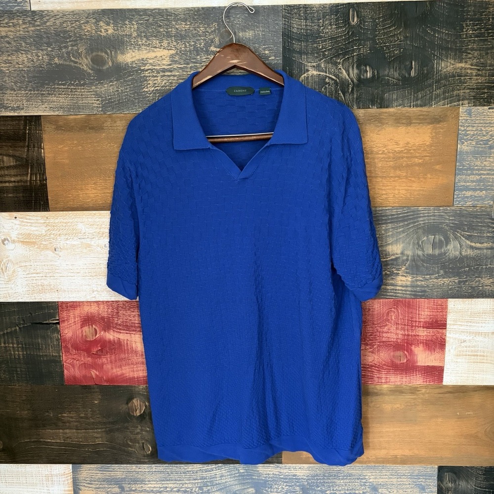 Zanone Polo Shirt Blue Ice Cotton Made in Italy Check Knit Mens 54 IT L